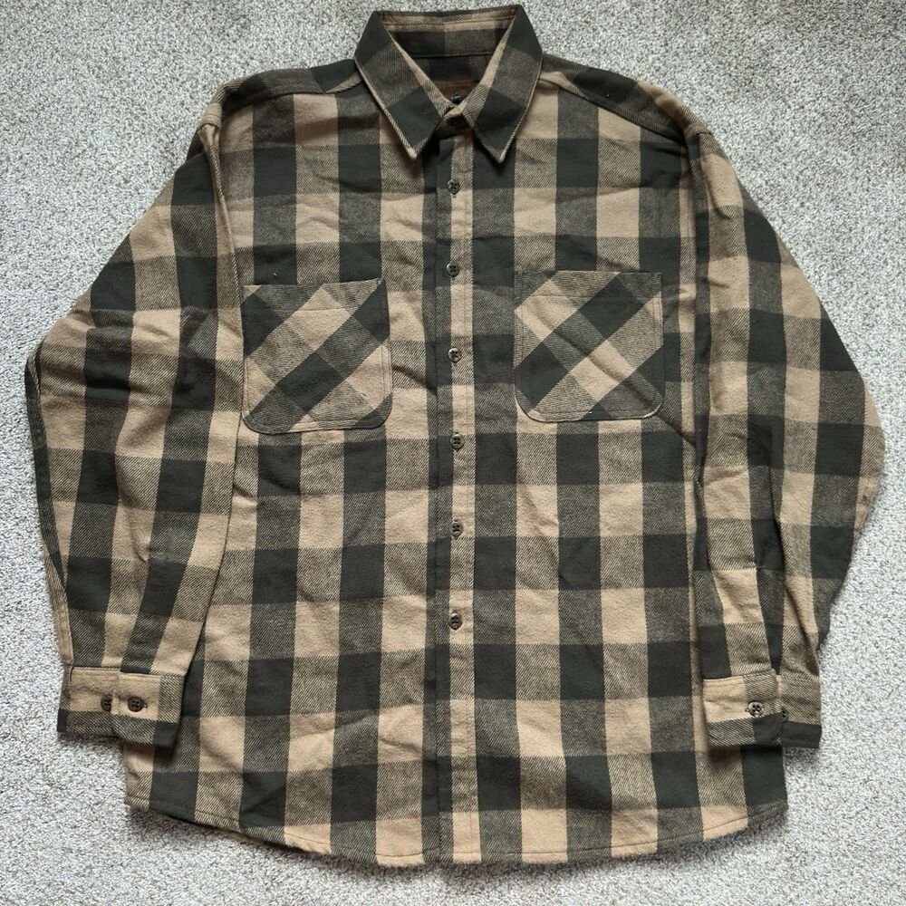 St Johns Bay Flannel Shirt Mens Large Brown Black Buffalo Plaid Cotton Heavy